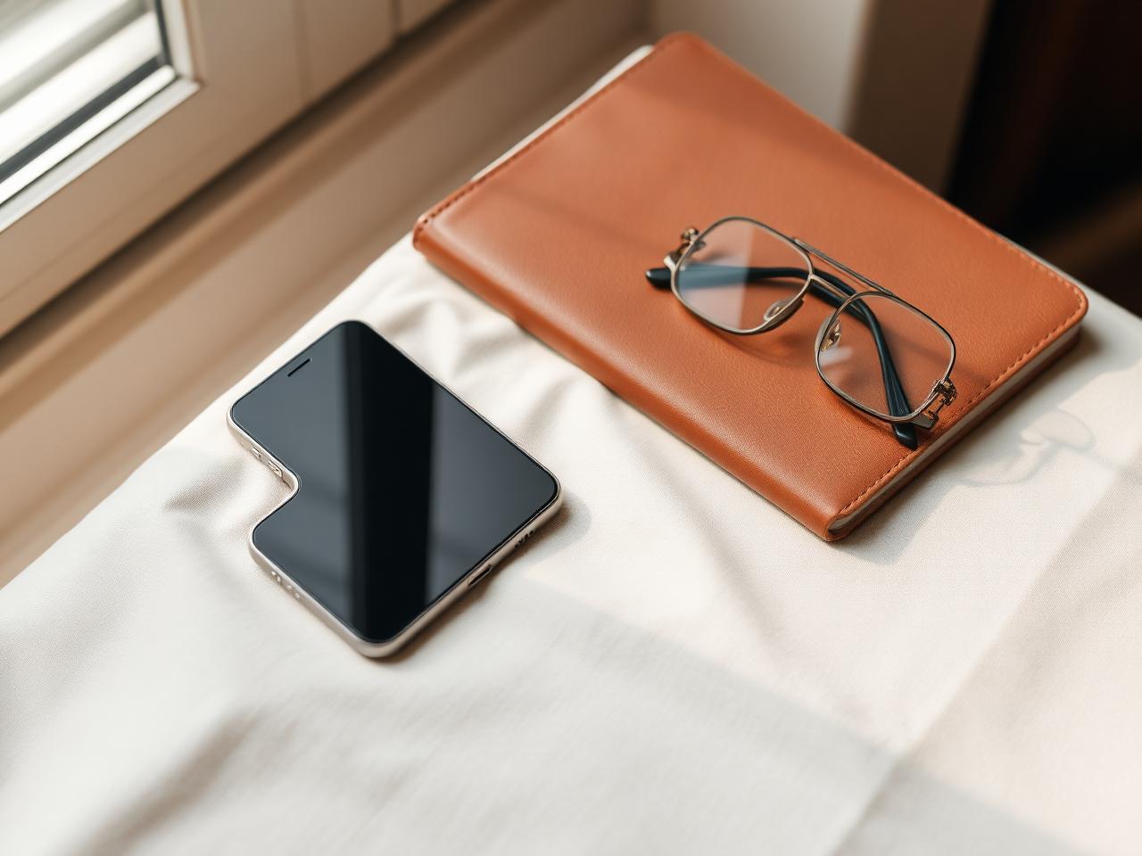 Mesa com smartphone, caderno de couro e óculos sob luz natural