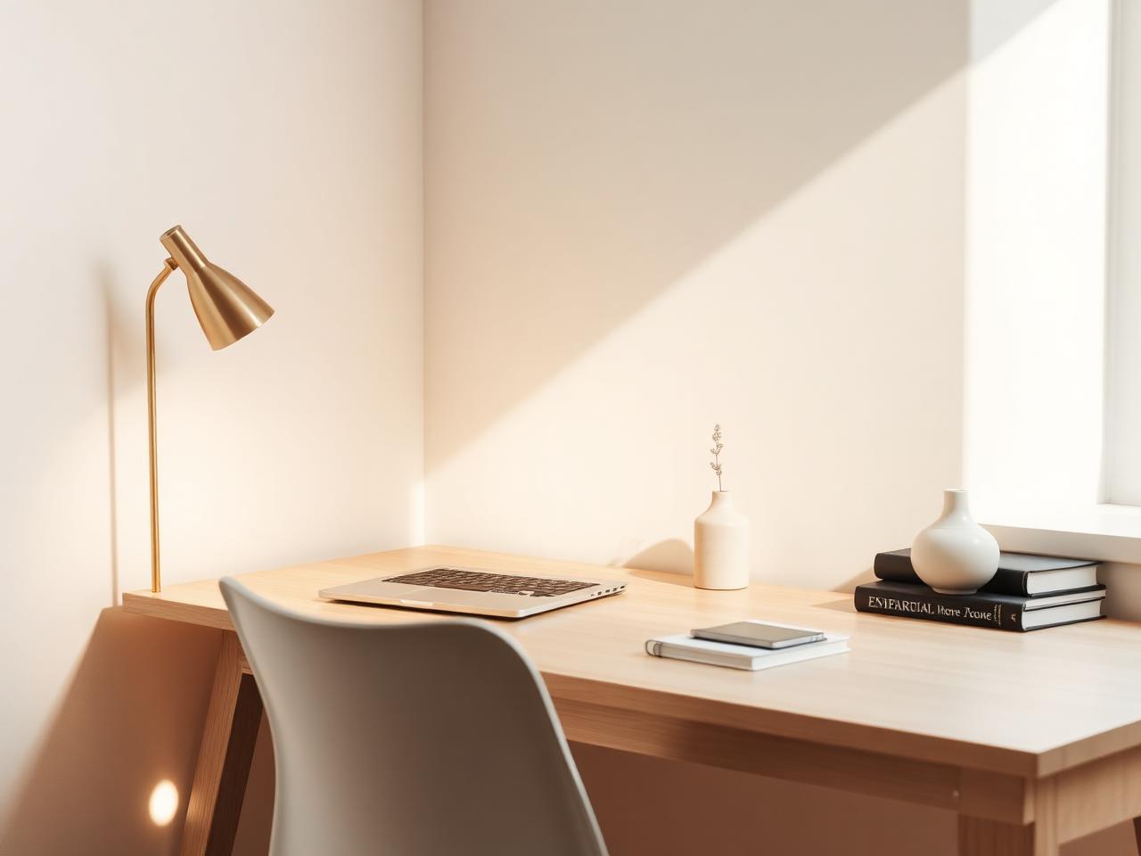 Escritório minimalista com notebook e luminária de latão em luz natural